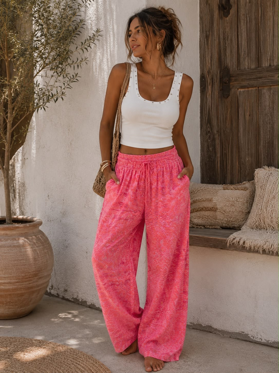 PANTALON TROPICAL EN GAZ DE COTON ROSE ET VIOLET