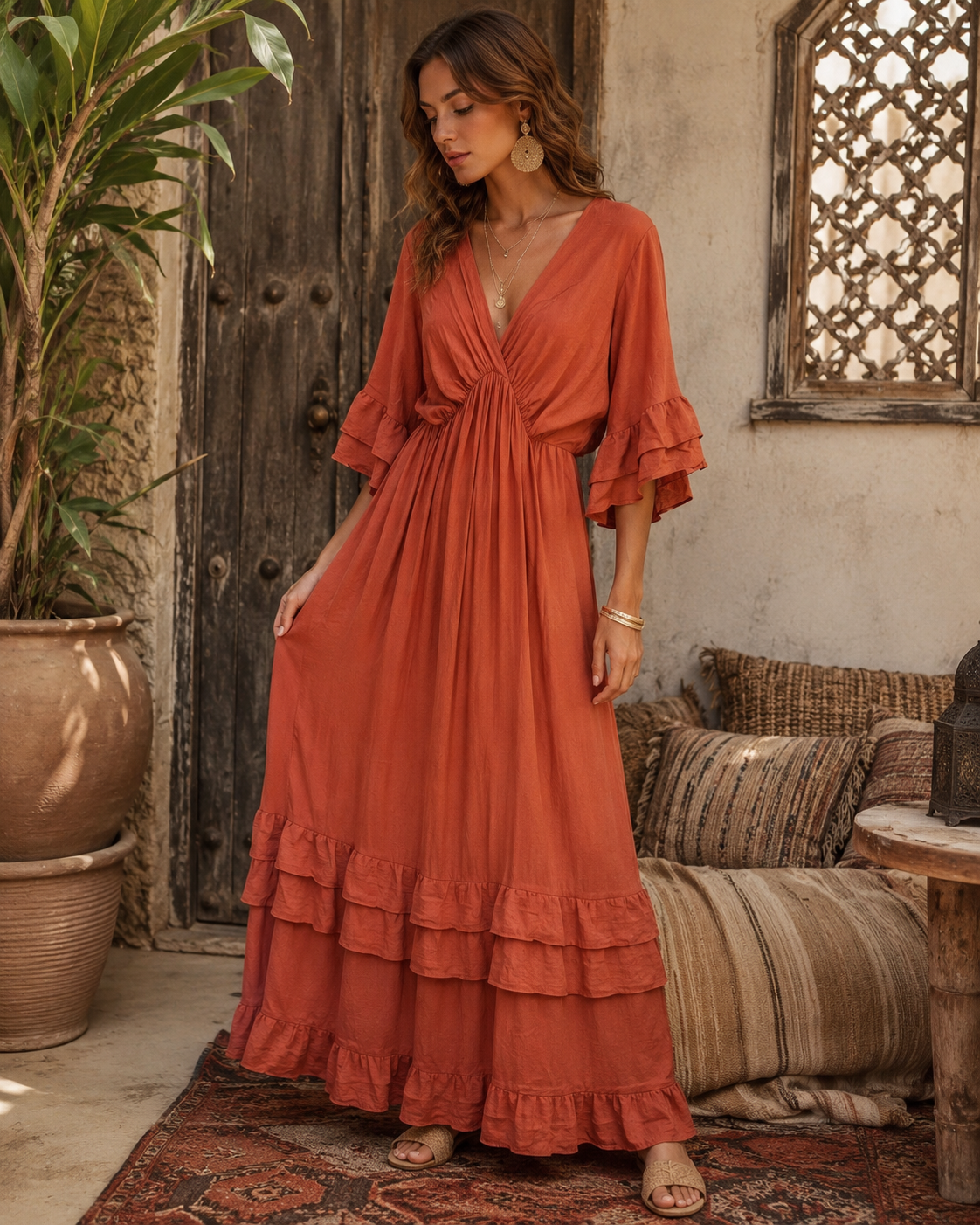 Robe longue à volant terracotta - bohème chic