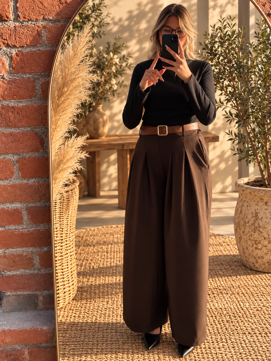 Pantalon fluide marron avec ceinture