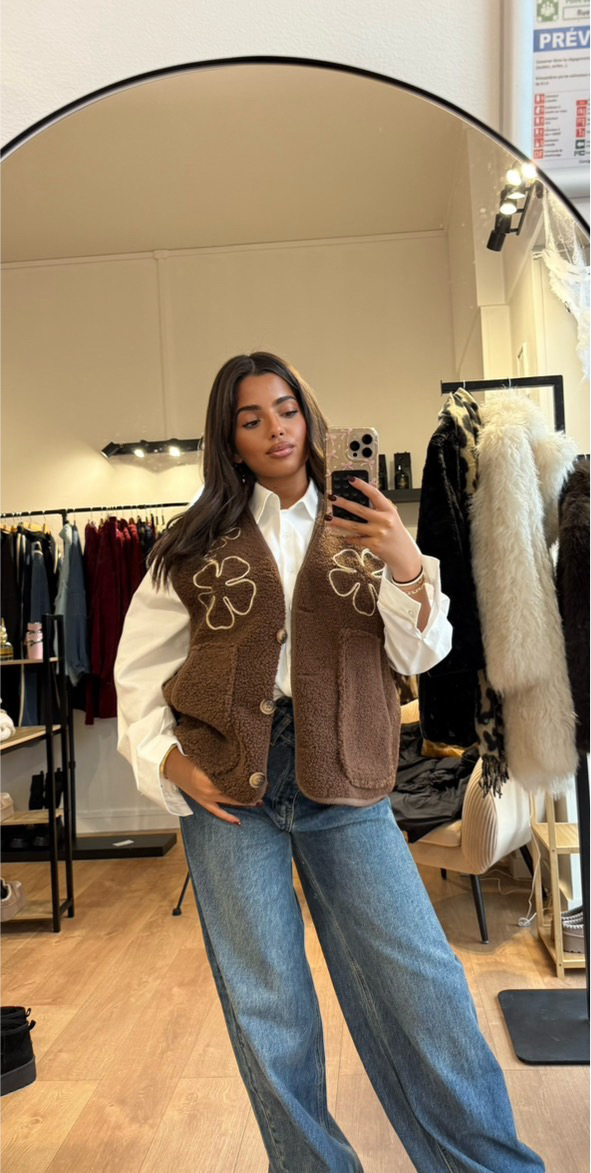 VESTE TEDDY BRODÉ CHOCO