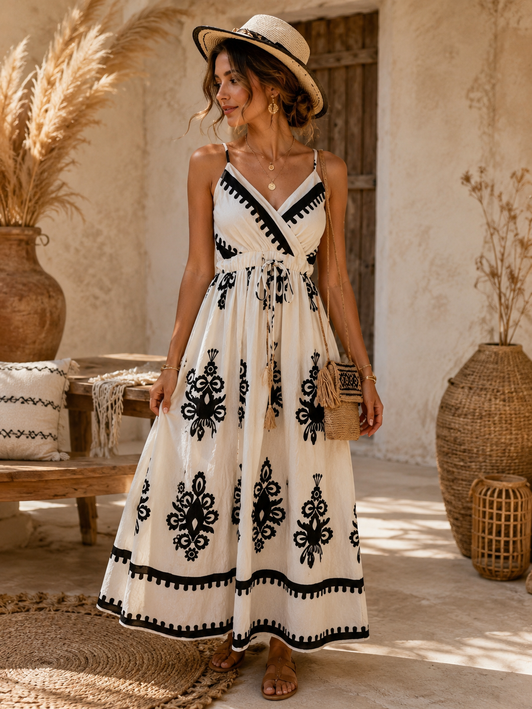 Robe bohème élégance écrue et noire