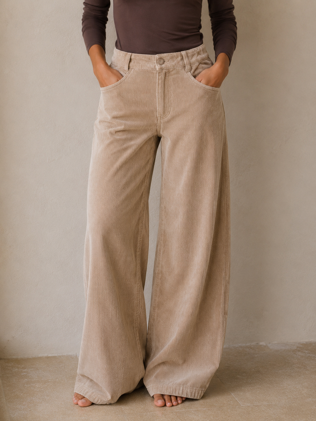Pantalon Wide Leg en Velours – Beige