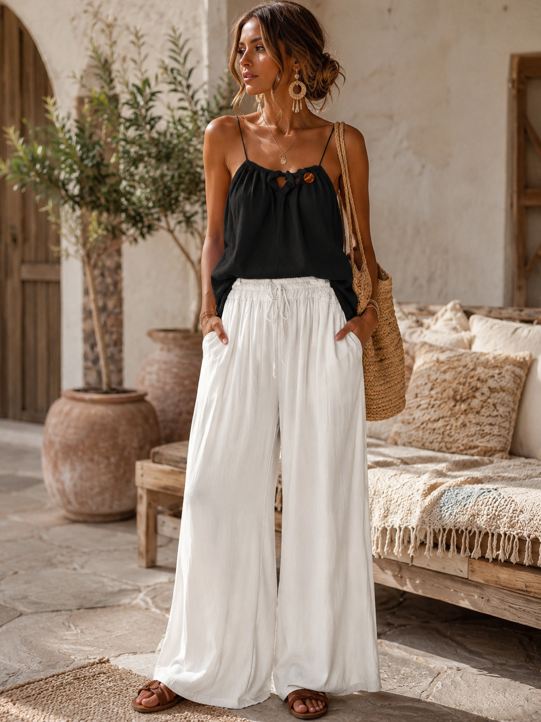 Pantalon fluide satiné blanc cassé