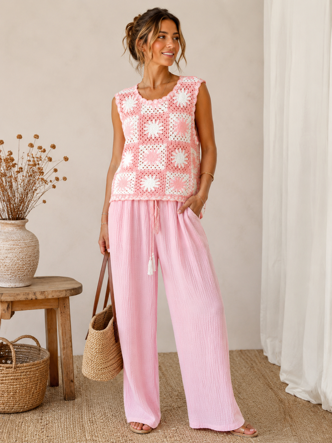 Haut soleil en crochet rose/blanc