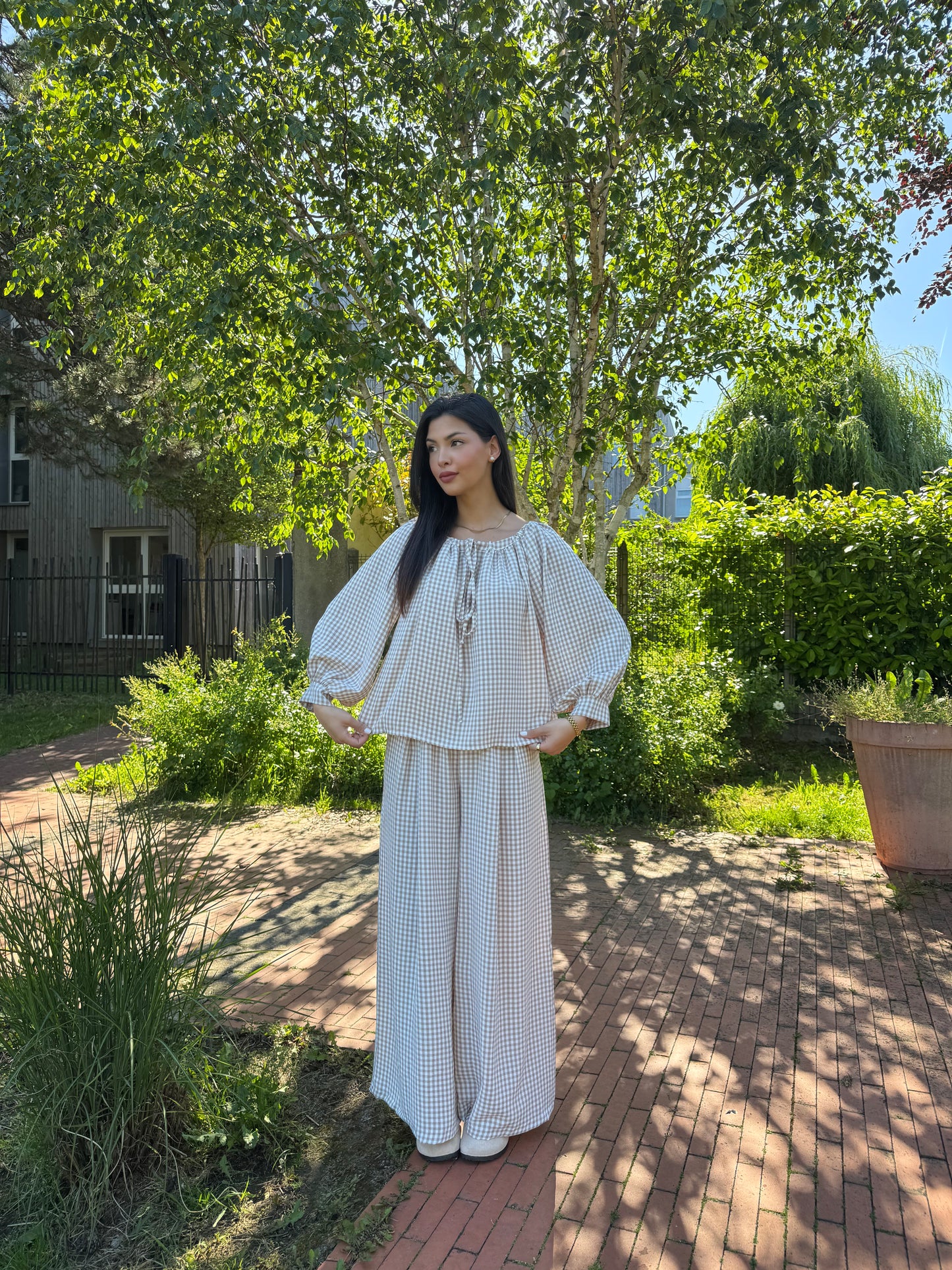 ENSEMBLE BLOUSE & PANTALON FLUIDE VICHY BEIGE
