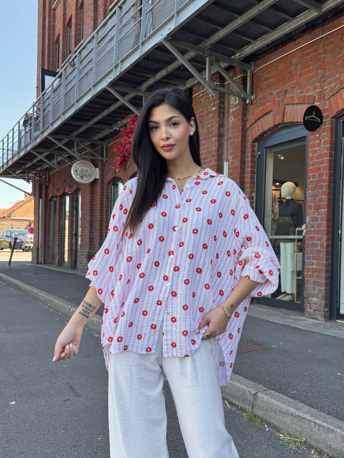 BLOUSE EN GAZ DE COTON A FLEUR ROSE & ROUGE