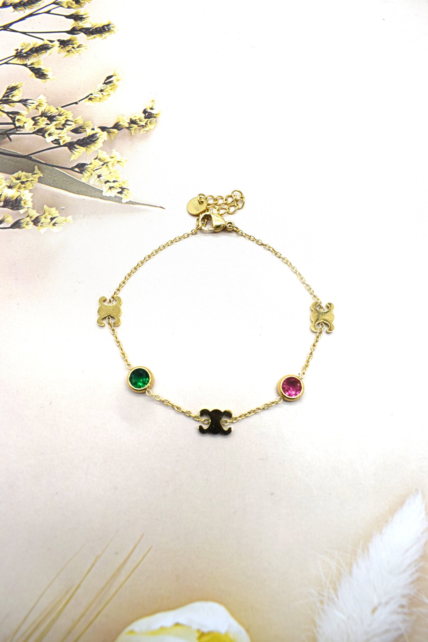 BRACELET CHARMES VERT ET ROSE