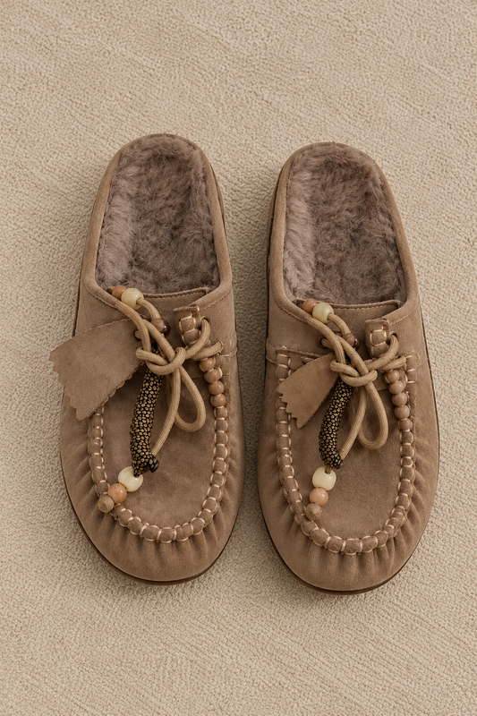 Mules fourrées beige à lacets