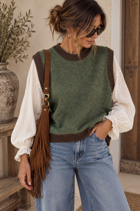 PULL SANS MANCHES VERT SAPIN ET MARRON
