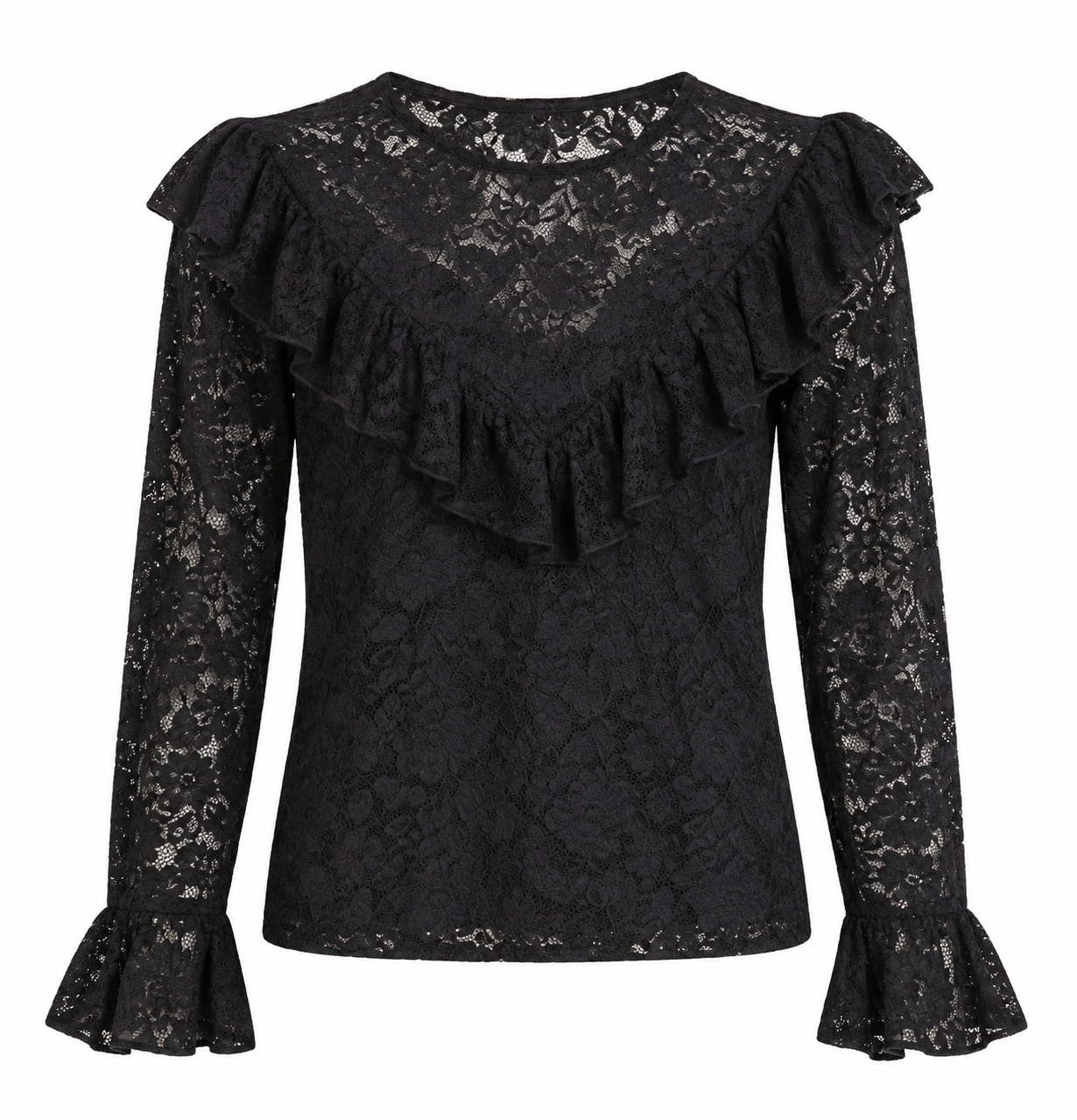 Blouse en dentelle noire à volants