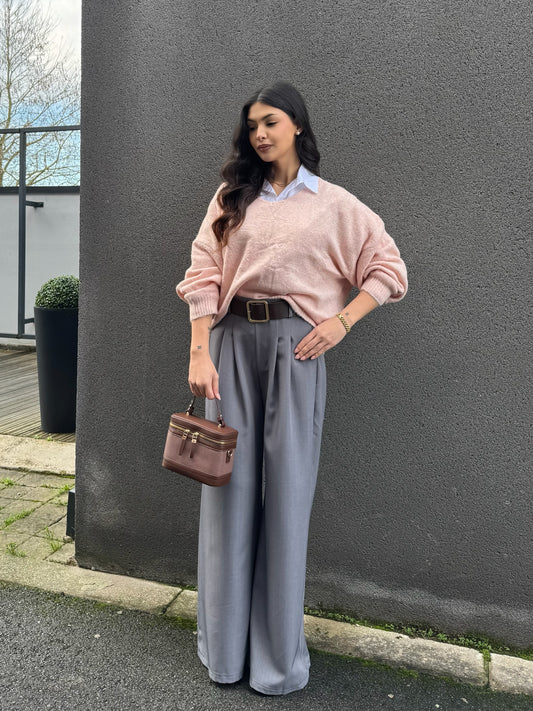 PANTALON FLUIDE GRIS CEINTURE