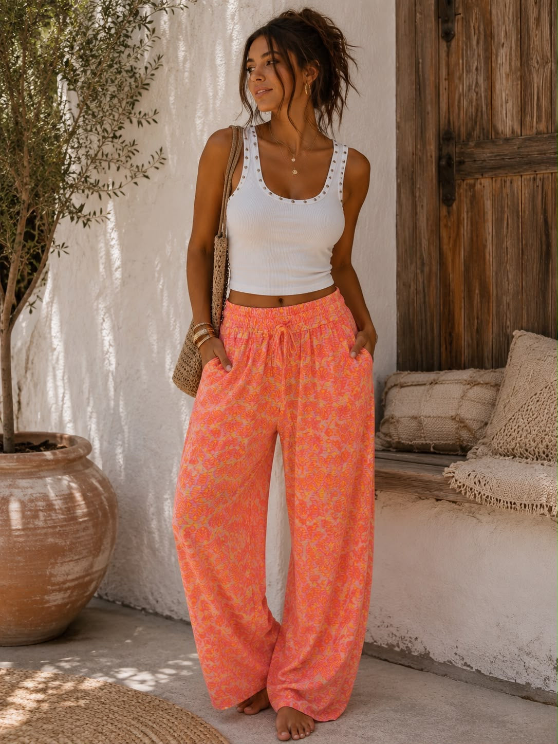 PANTALON TROPICAL EN GAZ DE COTON ORANGE ET JAUNE