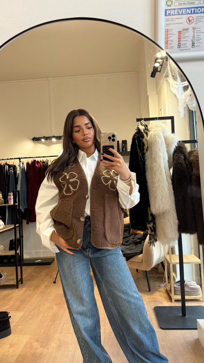 VESTE TEDDY BRODÉ CHOCO
