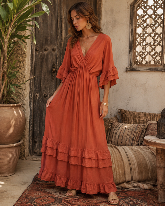 Robe longue à volant terracotta - bohème chic
