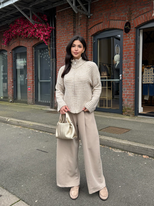 GILET ZIP A RAYURE BEIGE