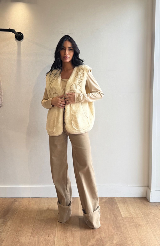 VESTE TEDDY BRODÉ CRÈME