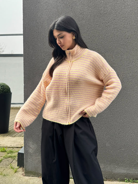 GILET ZIP A RAYURE ROSE/JAUNE