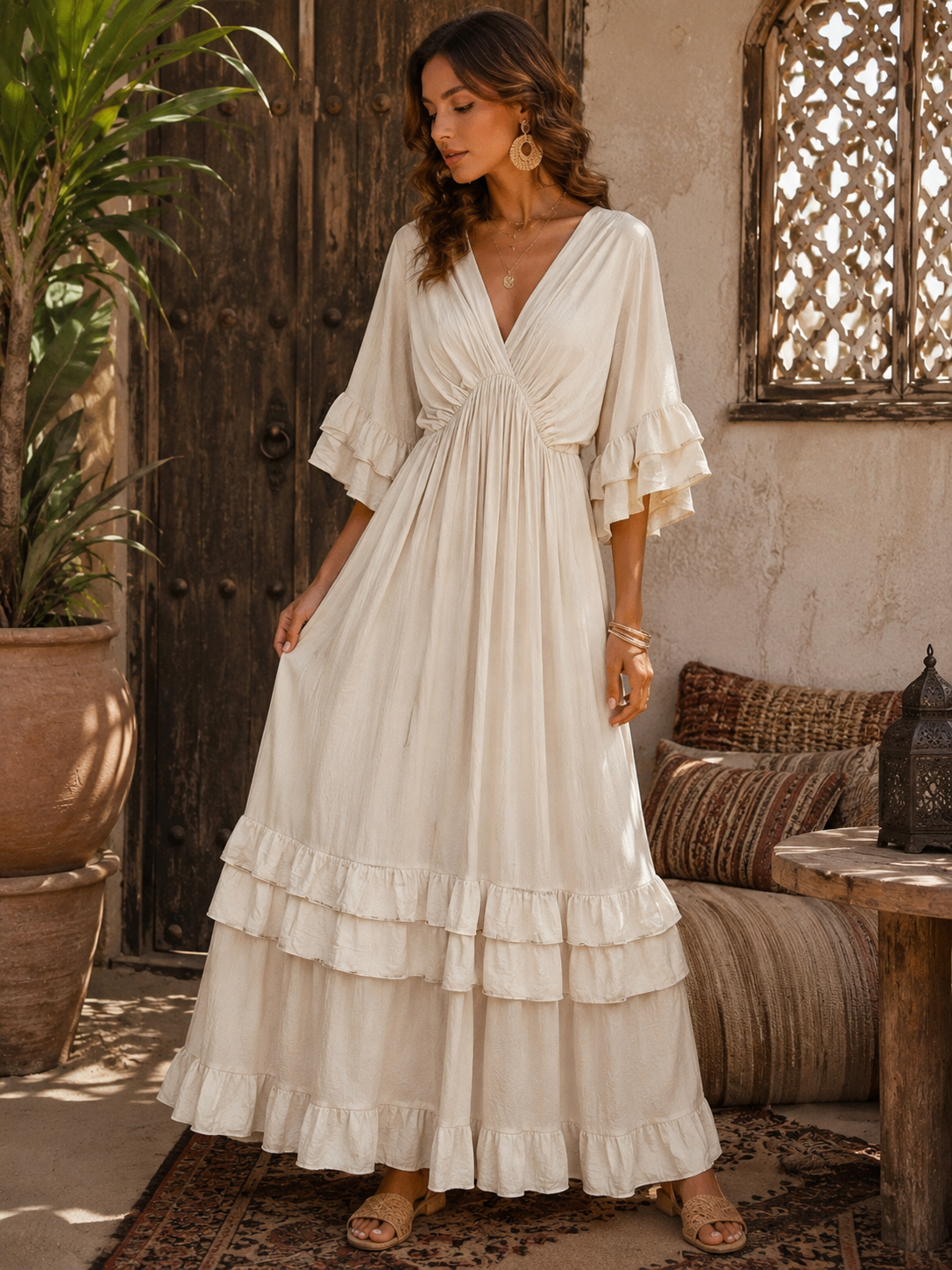 Robe longue à volant écru - bohème chic