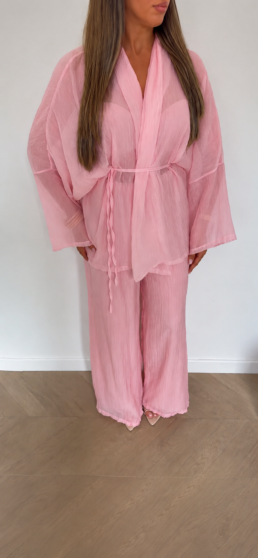 Ensemble kimono transparent rose poudré