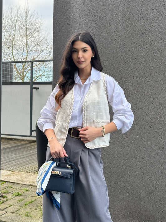 GILET SANS MANCHE TWEED BLANC