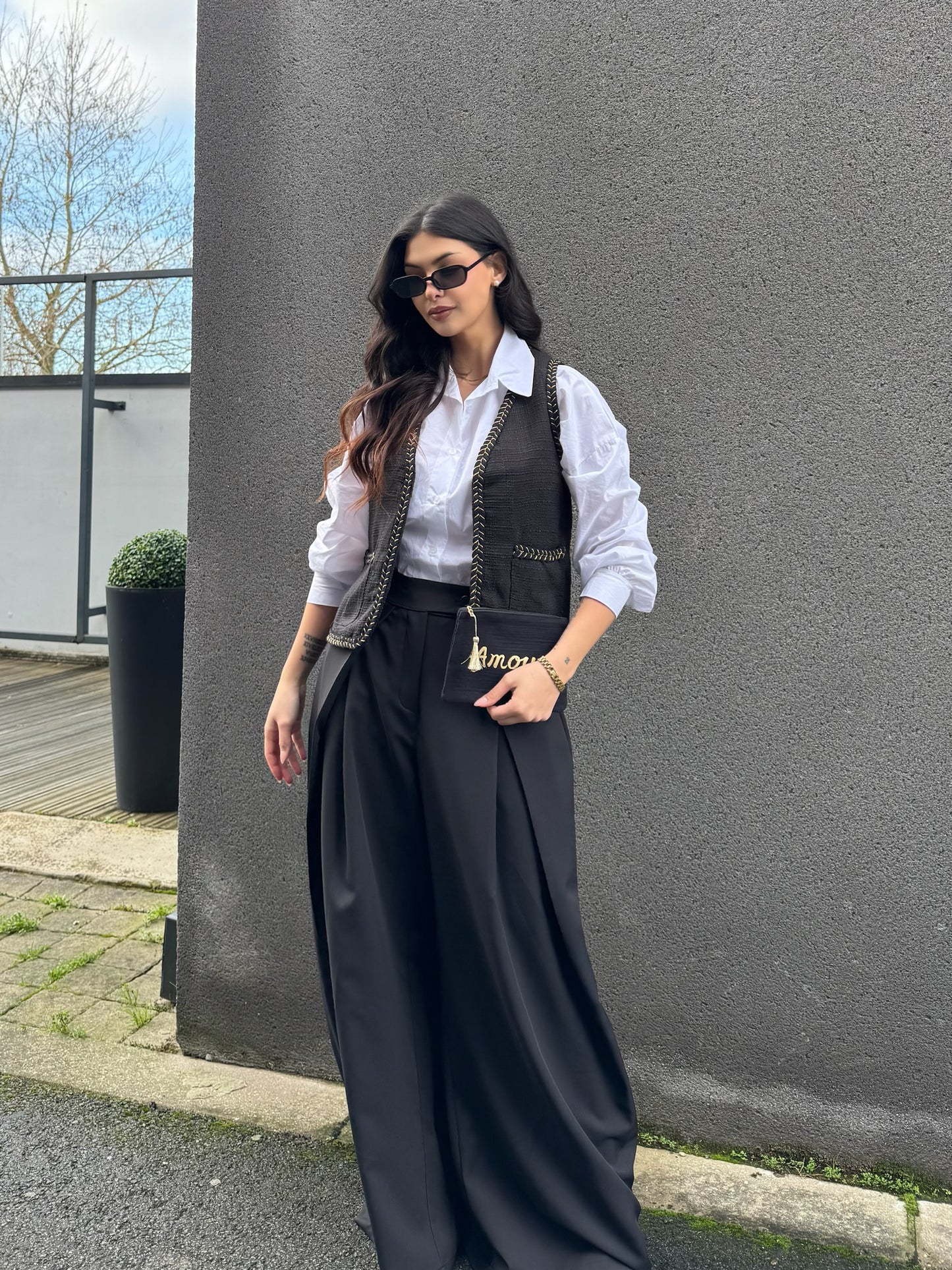 GILET SANS MANCHE TWEED NOIR