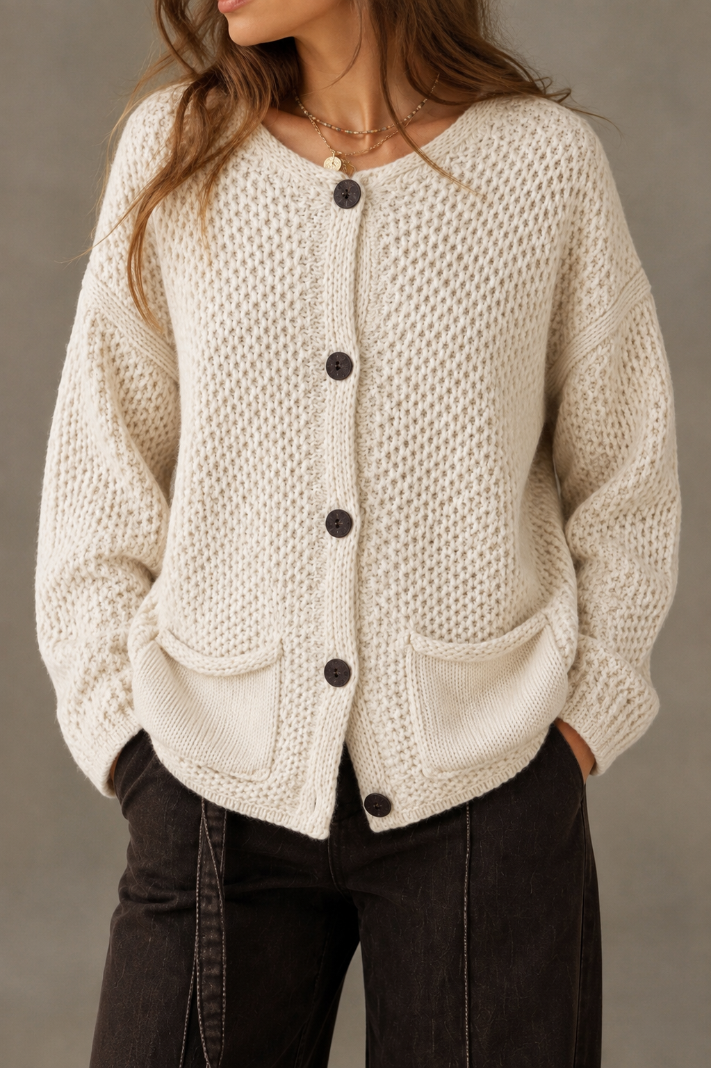 Gilet Bohème Écru – Maille Texturée