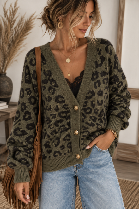 GILET EN MAILLE MOTIF LÉOPARD NOIR ET VERT