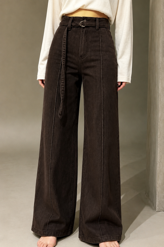 Jean Wide Leg Marron – Taille Haute & Ceinture