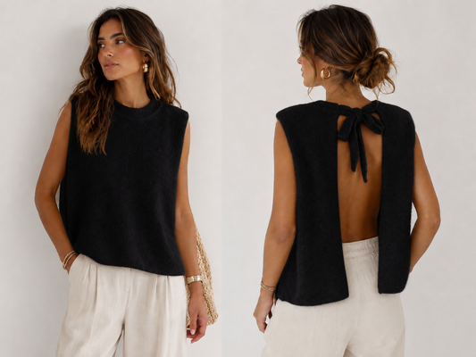 Pull sans manches dos noué noir