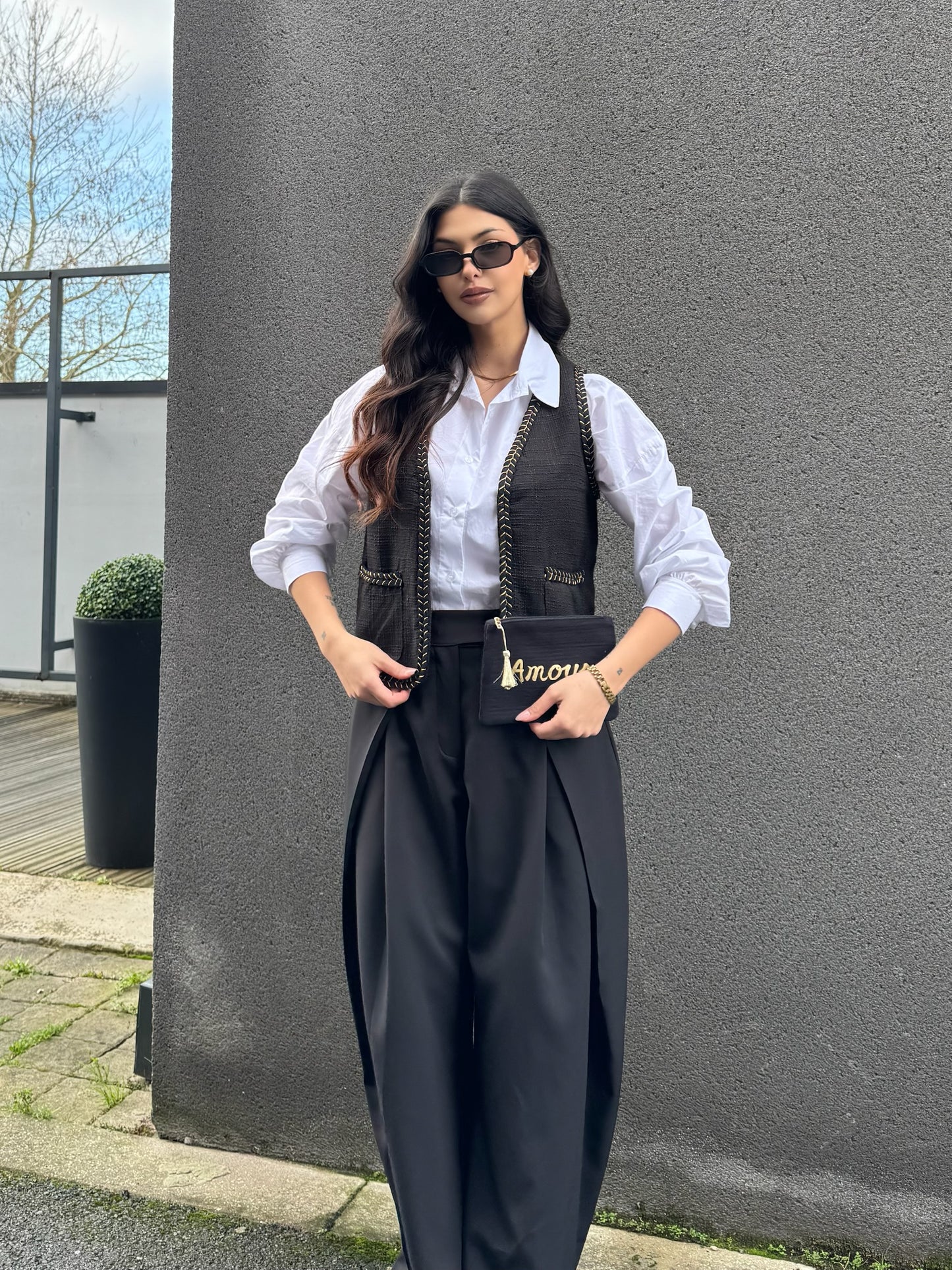 GILET SANS MANCHE TWEED NOIR