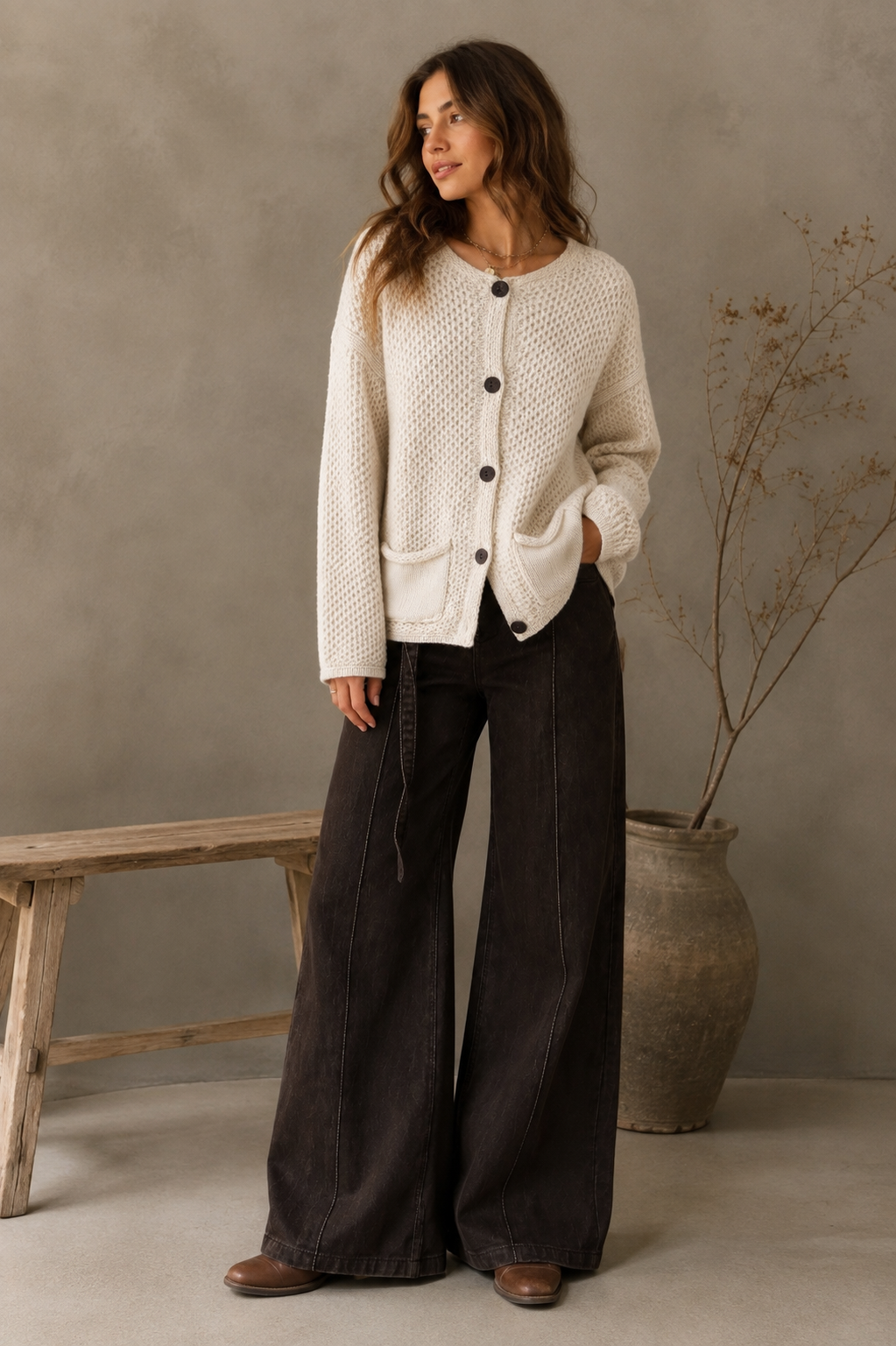 Gilet Bohème Écru – Maille Texturée