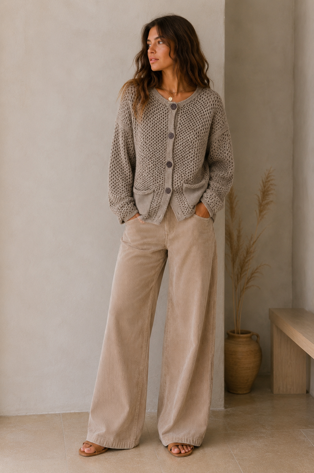 Gilet Bohème Taupe – Maille Texturée