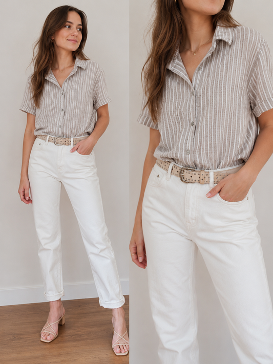 JEANS BLANC MOM AVEC CEINTURE BEIGE