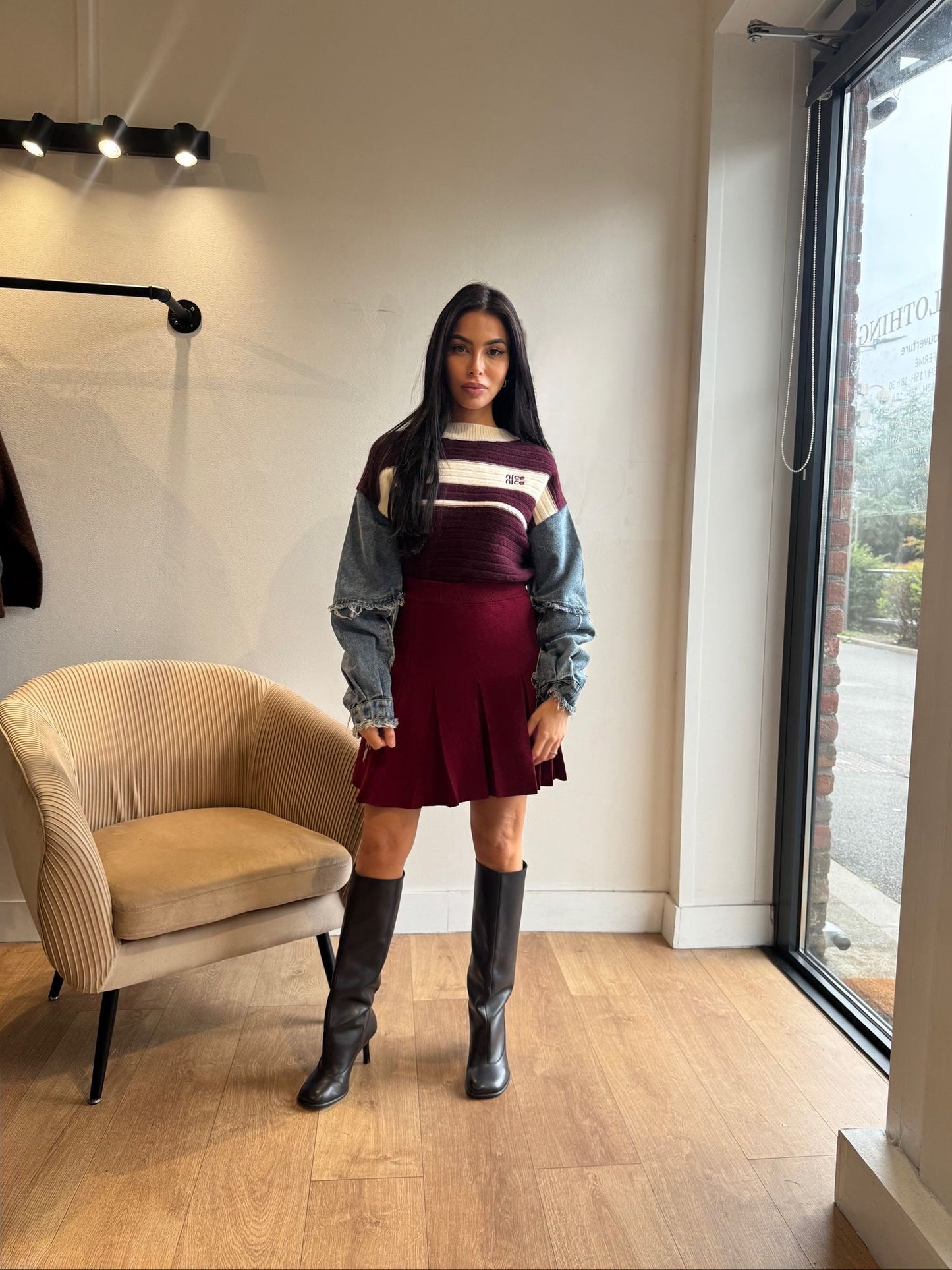 PULL MANCHE JEANS BORDEAUX