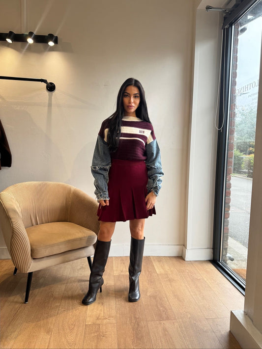 PULL MANCHE JEANS BORDEAUX