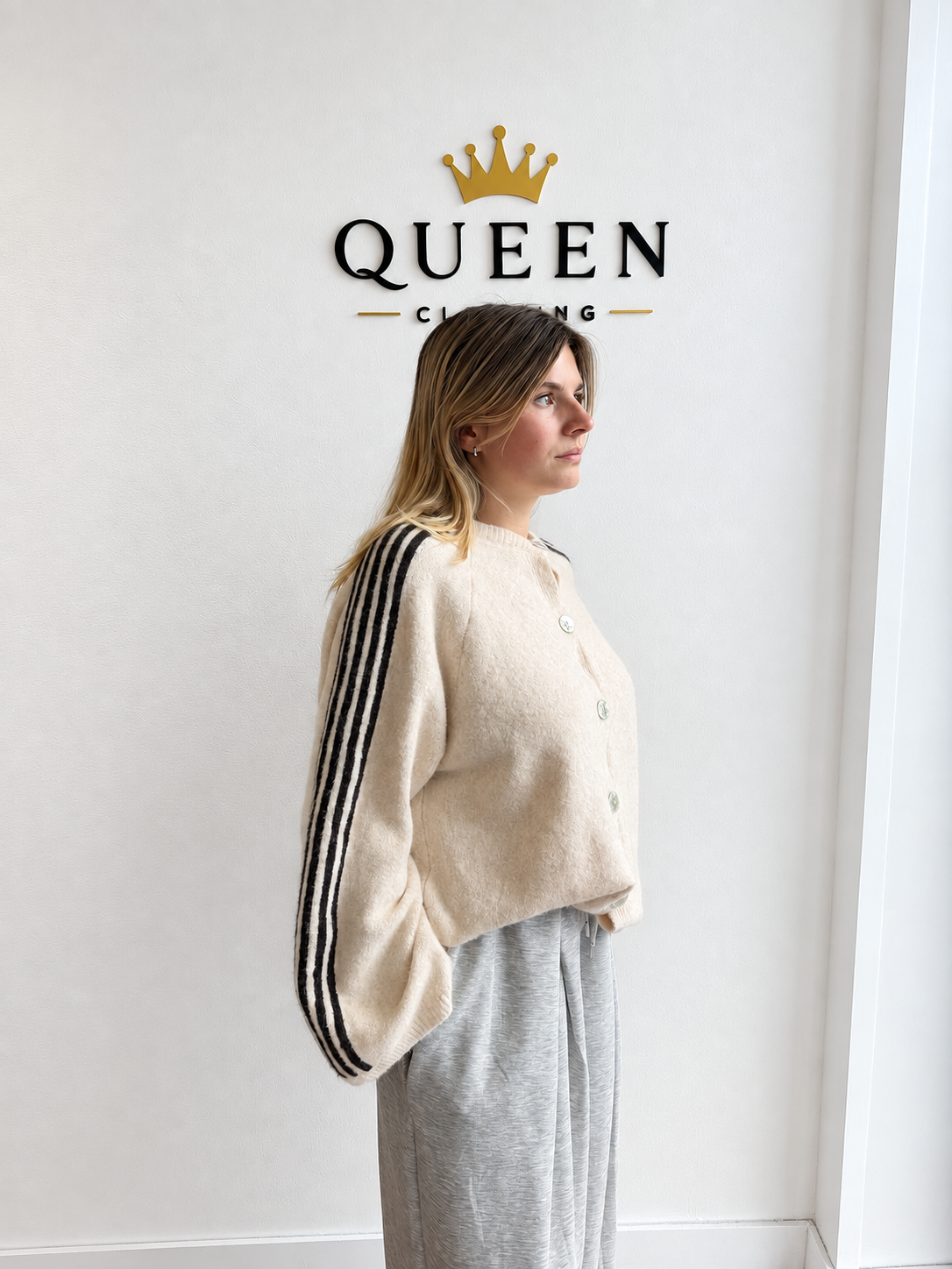 GILET BEIGE OVERSIZE À BANDES NOIRES