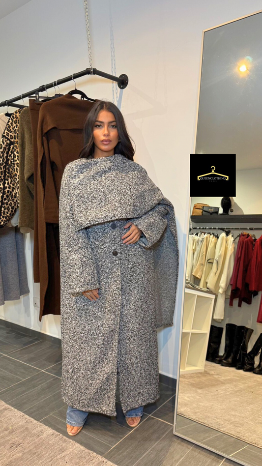 MANTEAU LONG ÉCHARPE [GRIS MOUCHETÉ]