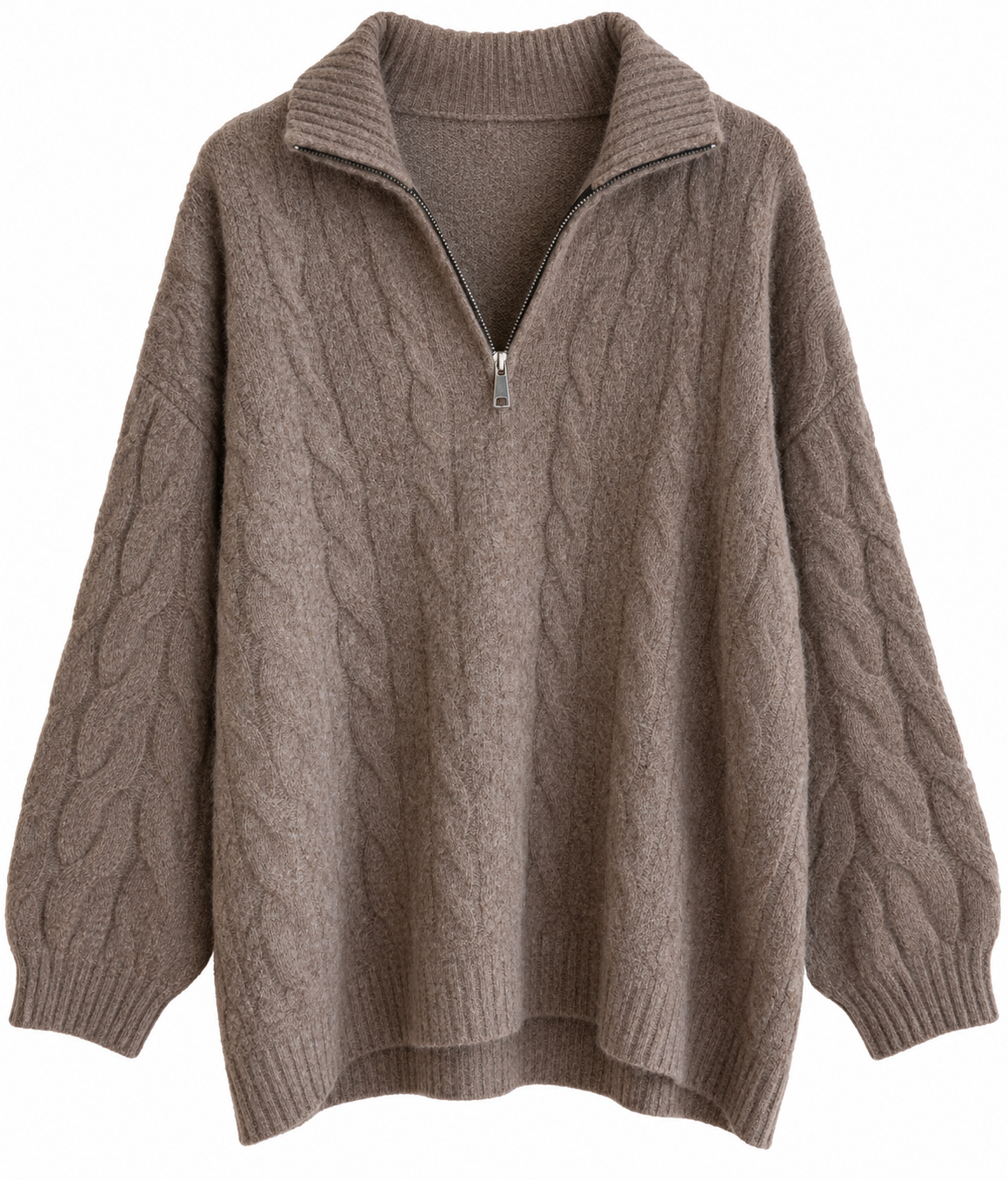 Pull taupe torsadé en laine et alpaga à col zippé