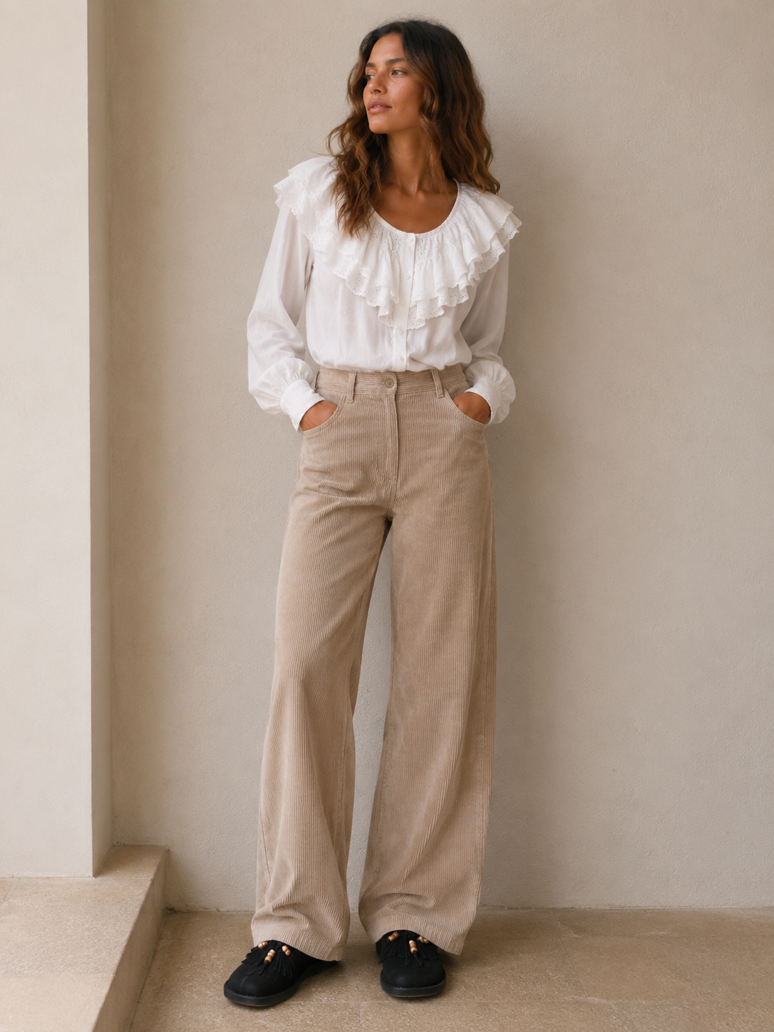 Pantalon Wide Leg en Velours – Beige