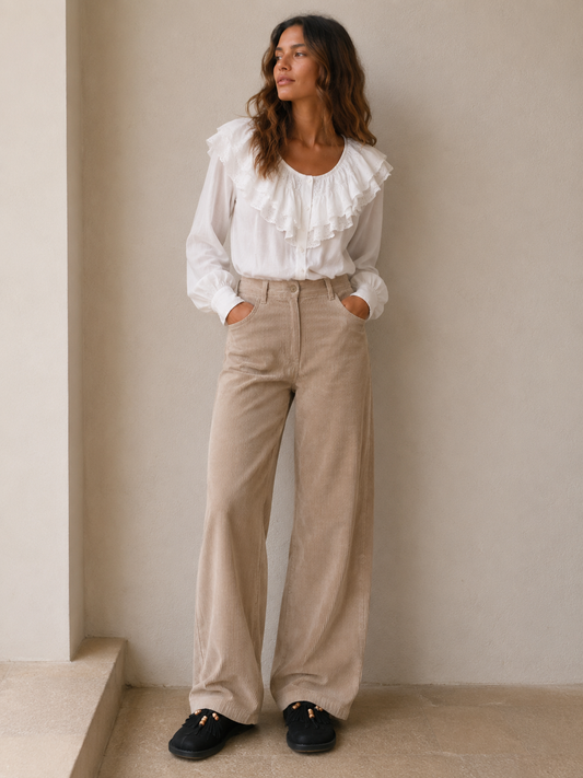 Pantalon Wide Leg en Velours – Beige