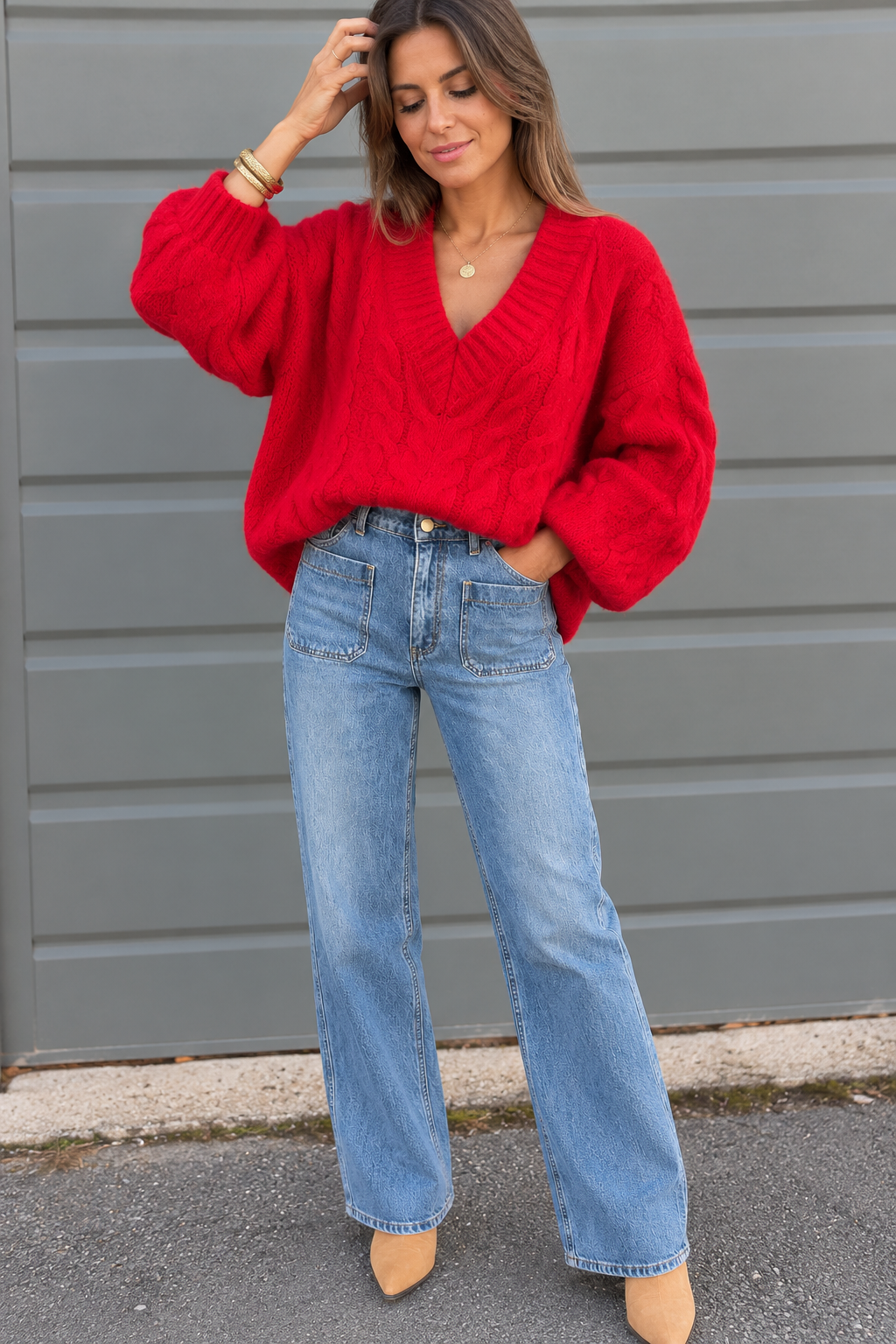 Pull rouge torsadé en laine & alpaga