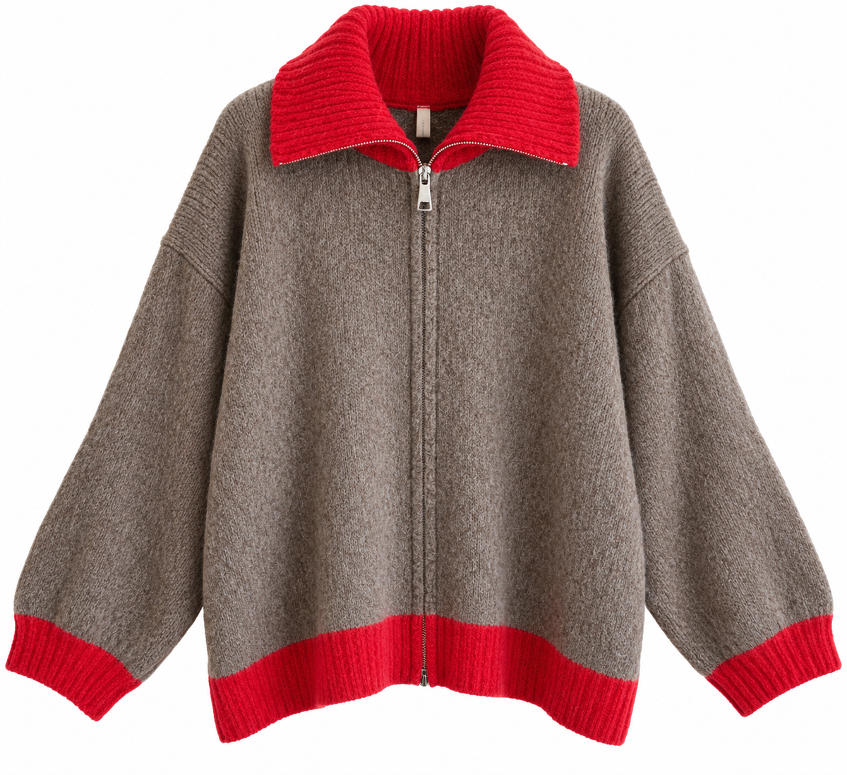 Gilet long taupe à finition rouge
