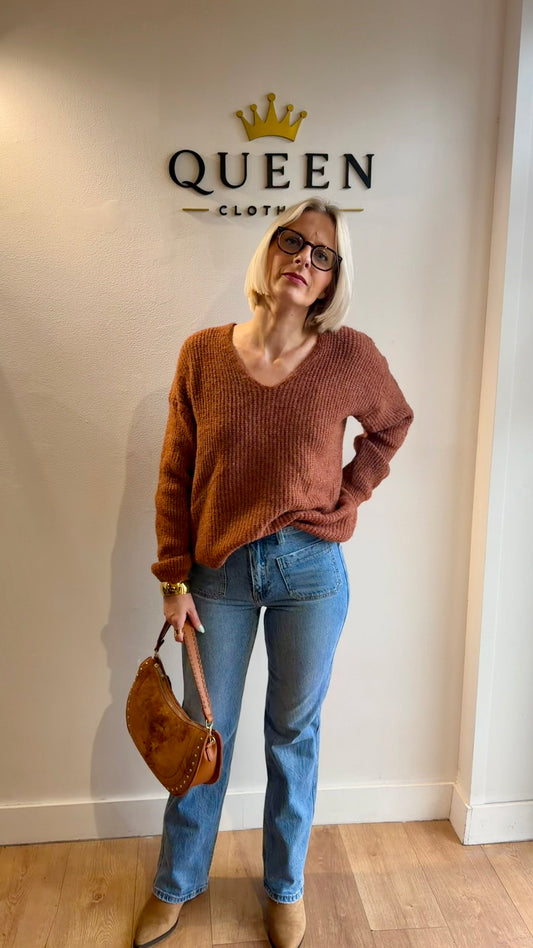 PULL EN MAILLE COL V TERRACOTTA