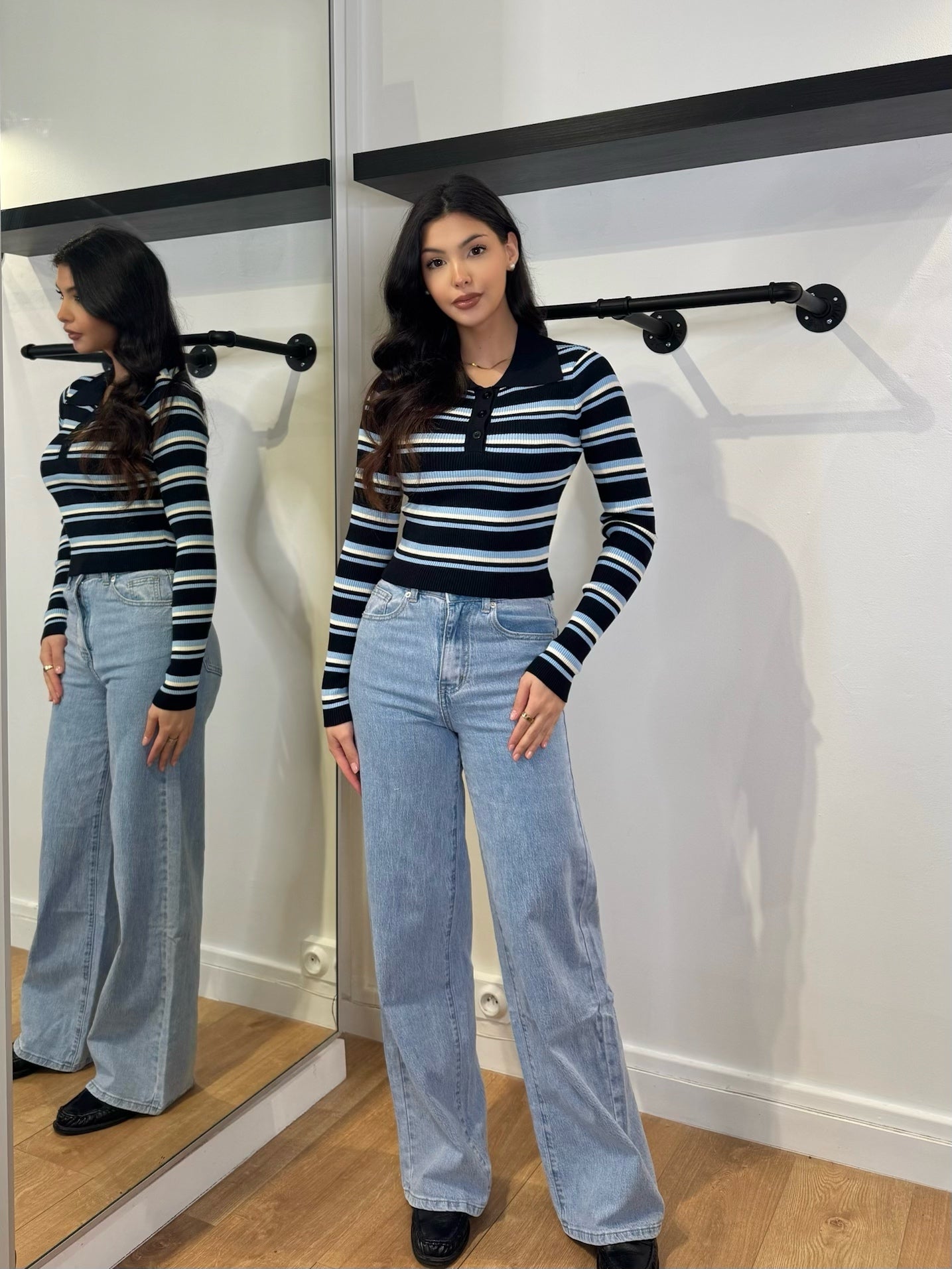 POLO MANCHE LONGUE NOIR/BLEU RAYÉ