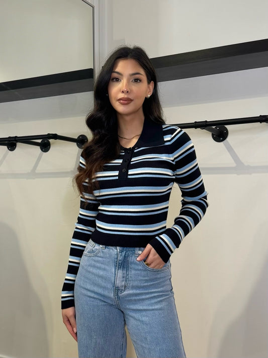 POLO MANCHE LONGUE NOIR/BLEU RAYÉ