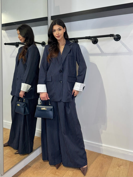 PANTALON À PINCE À RAYURE MARINE