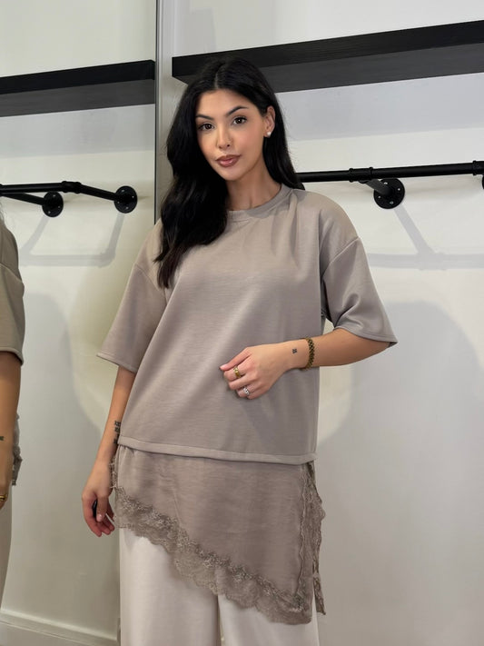 T-SHIRT OVERSIZE BI-MATIÈRE TAUPE