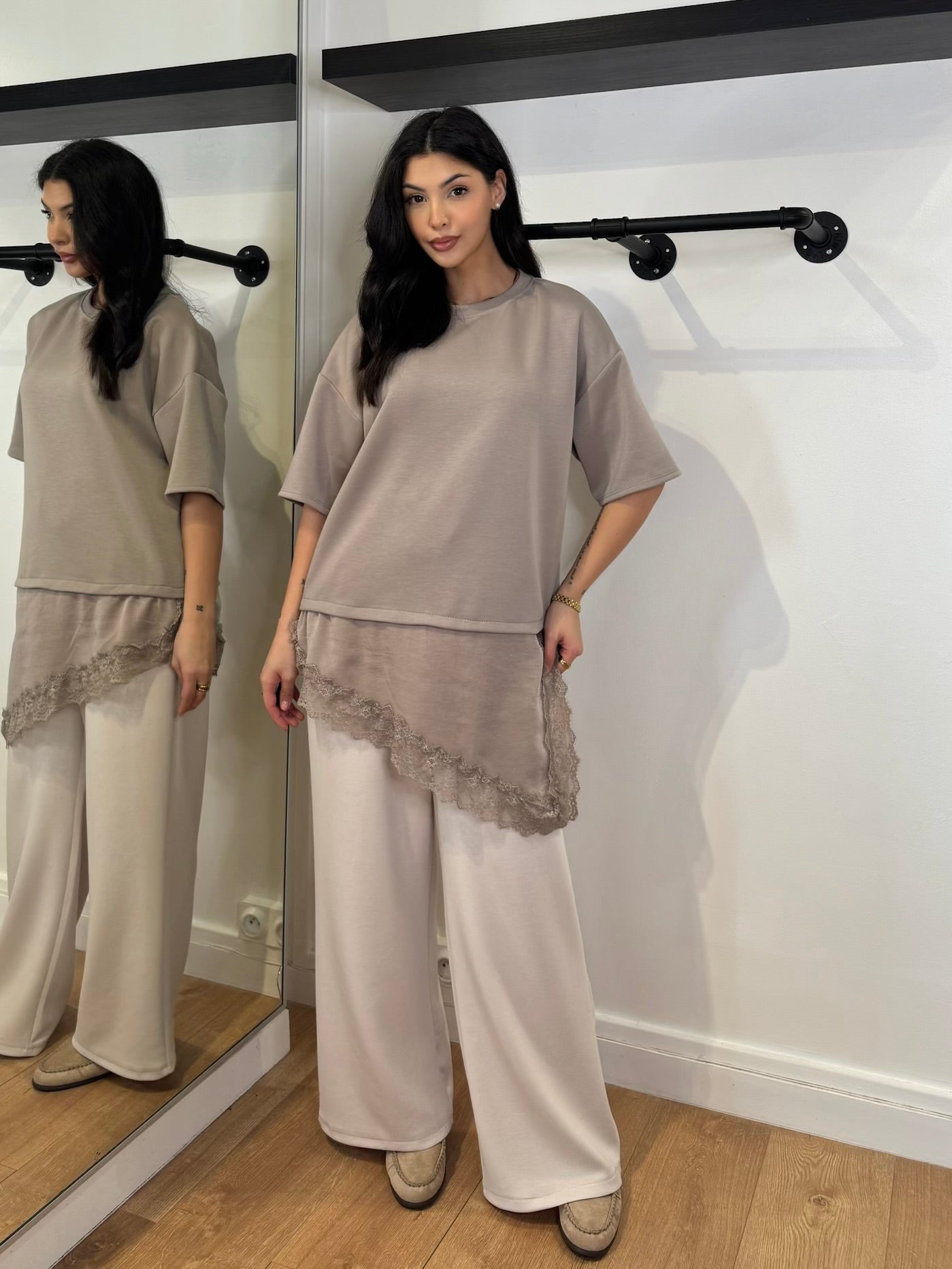 T-SHIRT OVERSIZE BI-MATIÈRE TAUPE