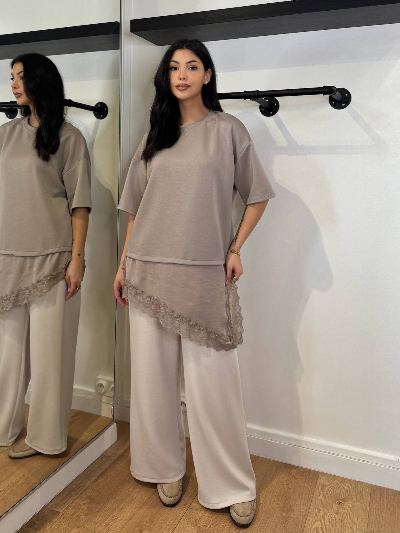 T-SHIRT OVERSIZE BI-MATIÈRE TAUPE