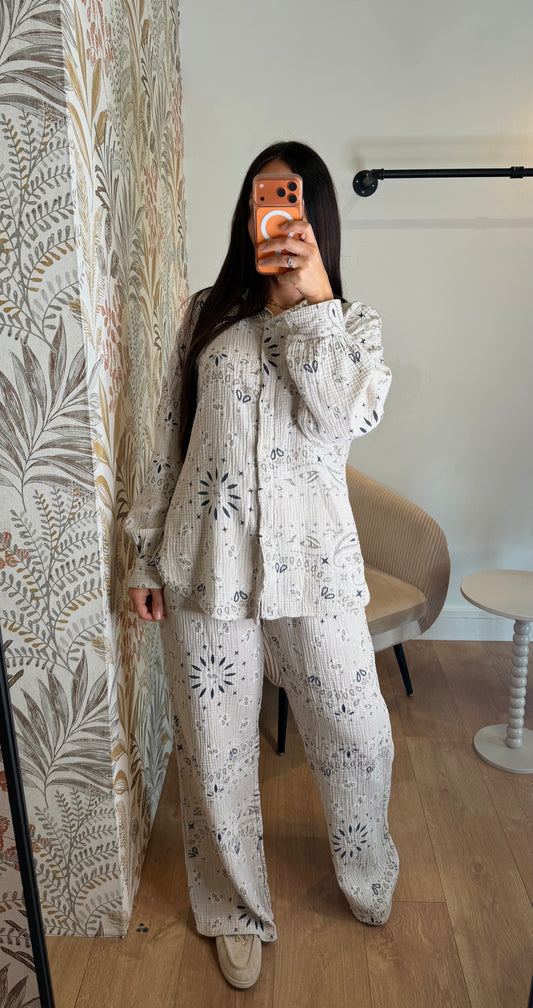 ENSEMBLE GAZ DE COTON BEIGE IMPRIMÉ BANDANA